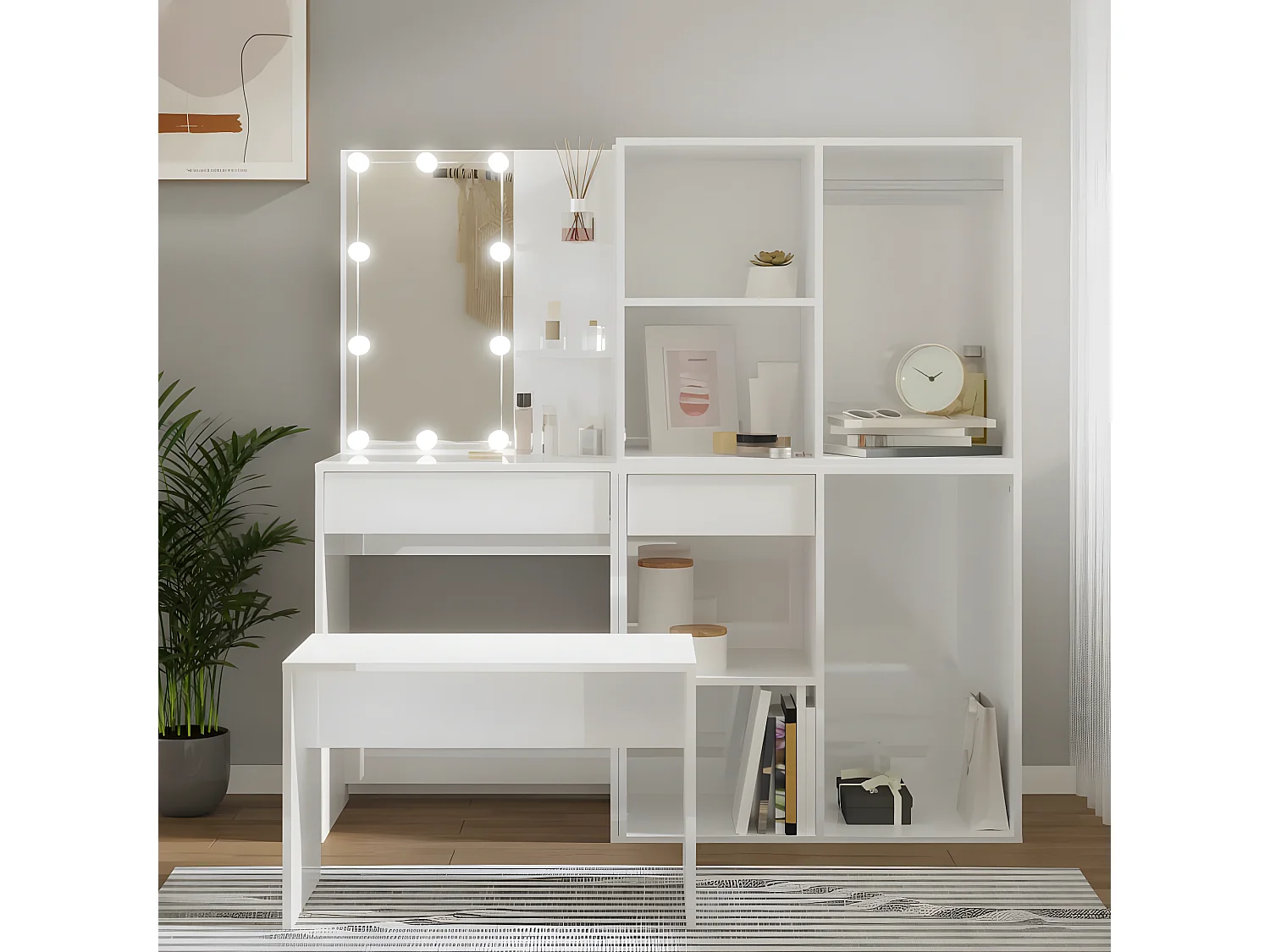 Ensemble de coiffeuse avec LED Blanc brillant Bois d'ingénierie OFR52812 BonneVie Meuble