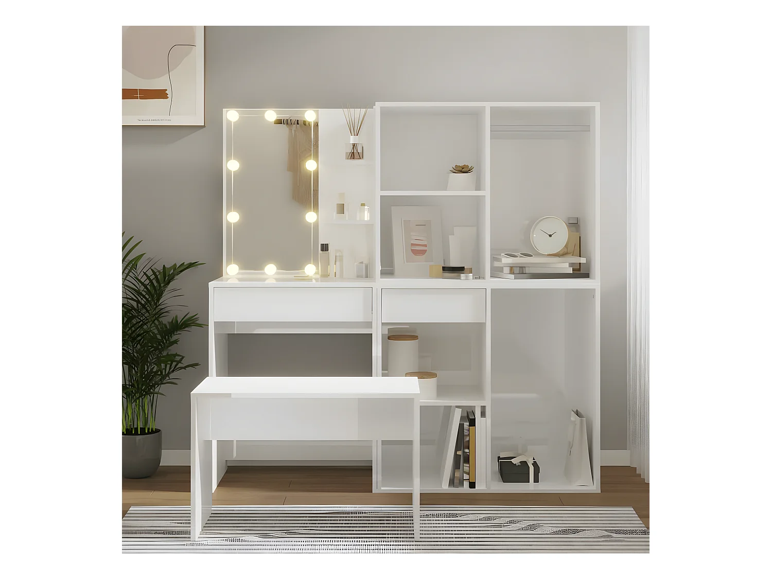Ensemble de coiffeuse avec LED Blanc brillant Bois d'ingénierie OFR52812 BonneVie Meuble