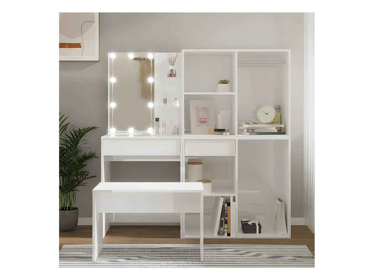 Ensemble de coiffeuse avec LED Blanc brillant Bois d'ingénierie OFR52812 BonneVie Meuble