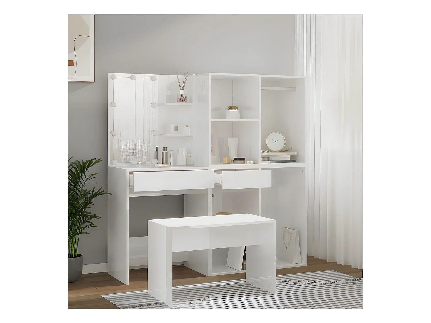Ensemble de coiffeuse avec LED Blanc brillant Bois d'ingénierie OFR52812 BonneVie Meuble