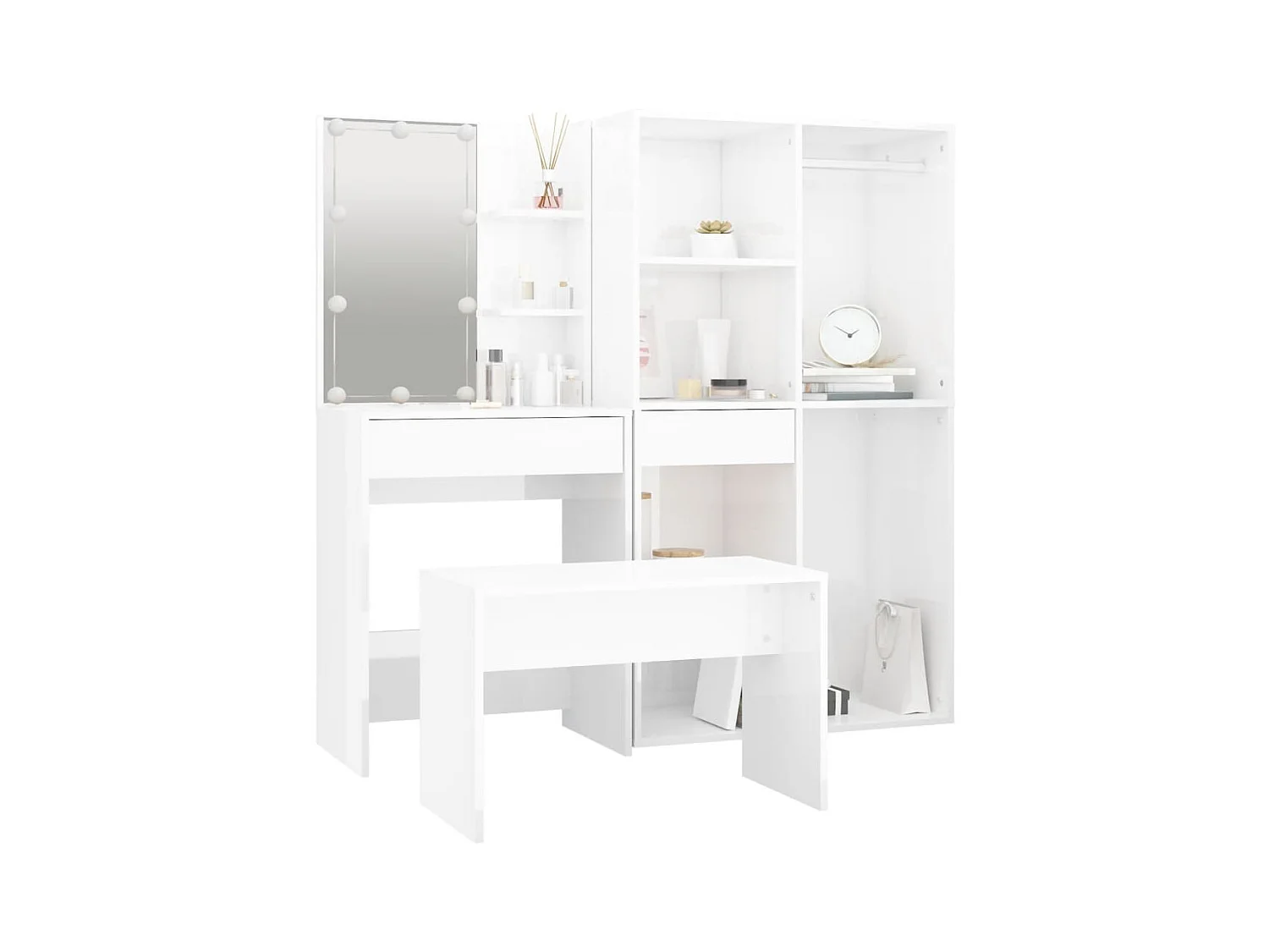 Ensemble de coiffeuse avec LED Blanc brillant Bois d'ingénierie OFR52812 BonneVie Meuble