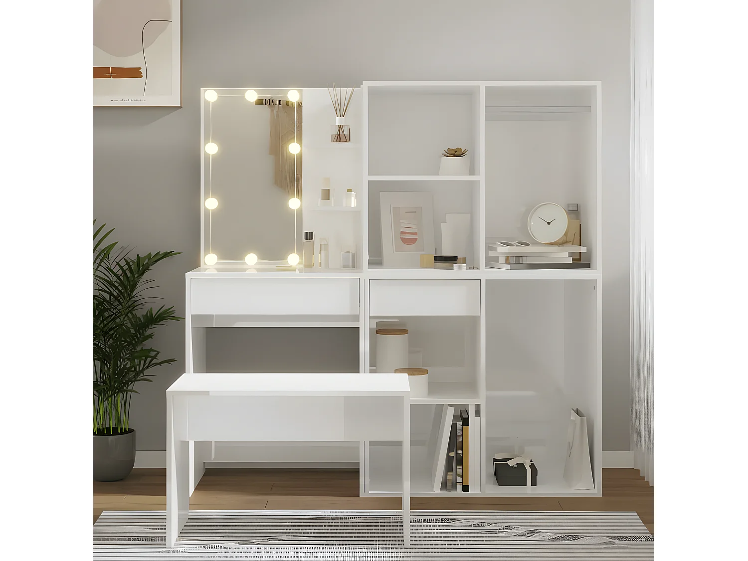 Ensemble de coiffeuse avec LED Blanc brillant Bois d'ingénierie OFR52812 BonneVie Meuble