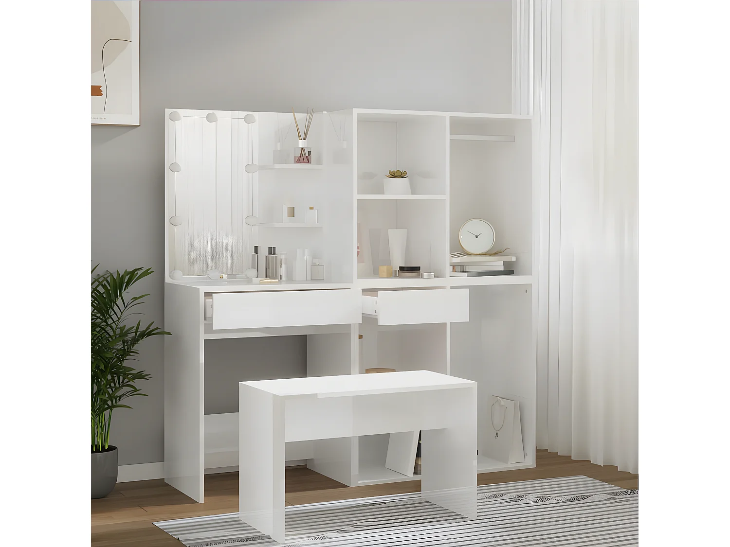 Ensemble de coiffeuse avec LED Blanc brillant Bois d'ingénierie OFR52812 BonneVie Meuble