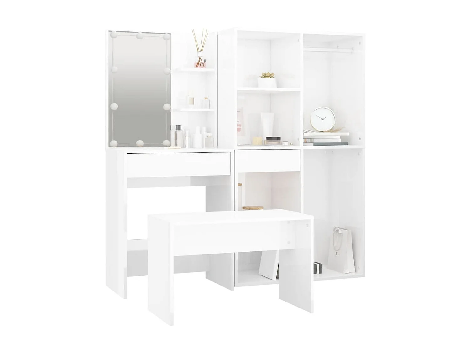 Ensemble de coiffeuse avec LED Blanc brillant Bois d'ingénierie OFR52812 BonneVie Meuble