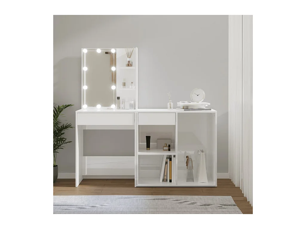 Coiffeuse à LED avec armoire Blanc brillant Bois d'ingénierie OFR51178 BonneVie Meuble