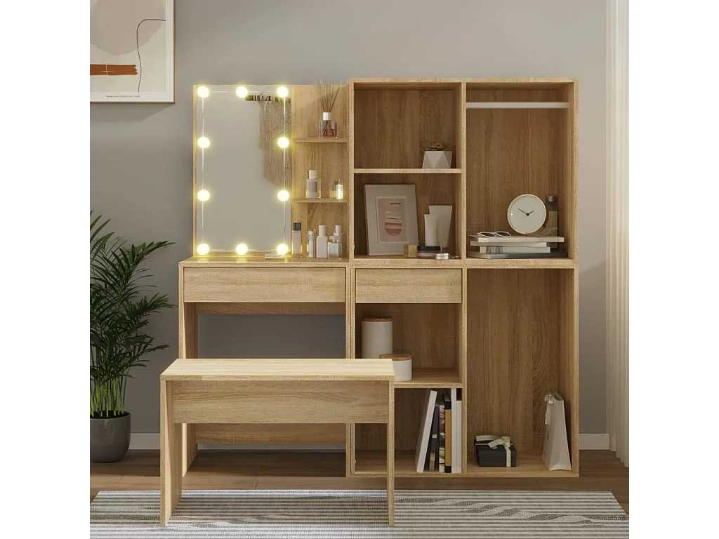 Ensemble de coiffeuse avec LED Chêne Sonoma Bois d'ingénierie OFR31295 BonneVie Meuble