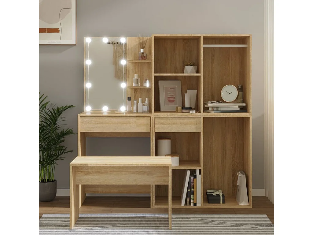 Ensemble de coiffeuse avec LED Chêne Sonoma Bois d'ingénierie OFR31295 BonneVie Meuble