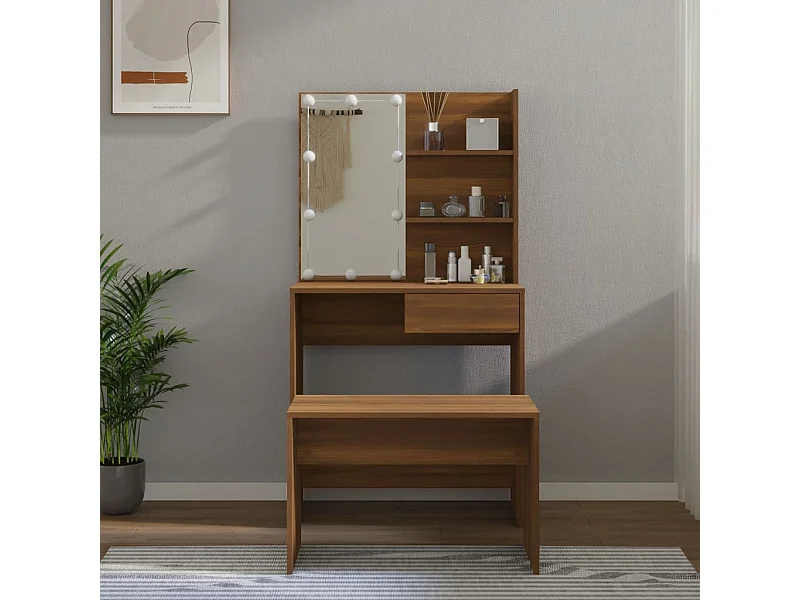 Juego de tocador con LED madera contrachapada roble marrón ES240808