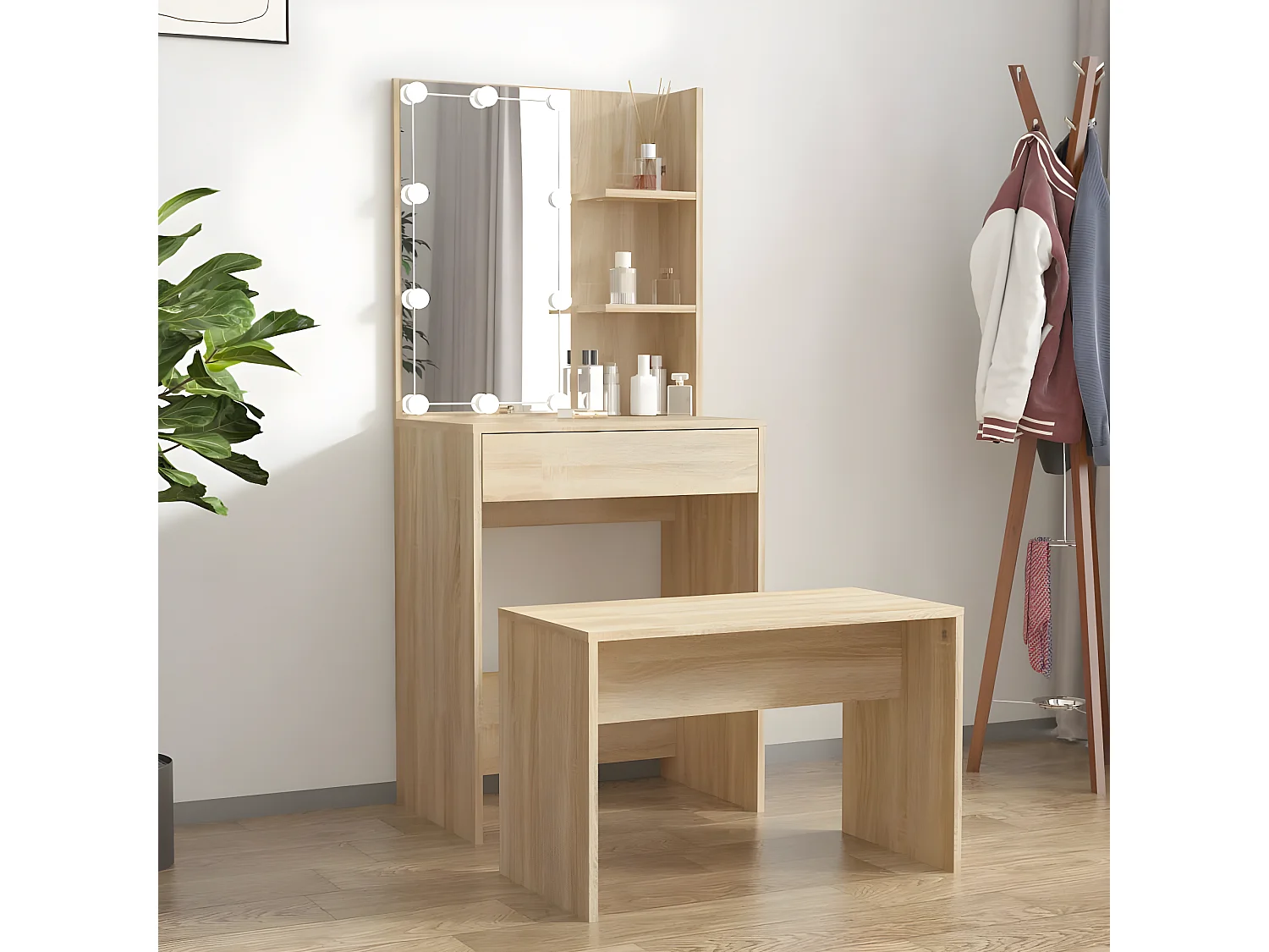 Ensemble de coiffeuse avec LED Chêne sonoma Bois d'ingénierie OFR41452 BonneVie Meuble