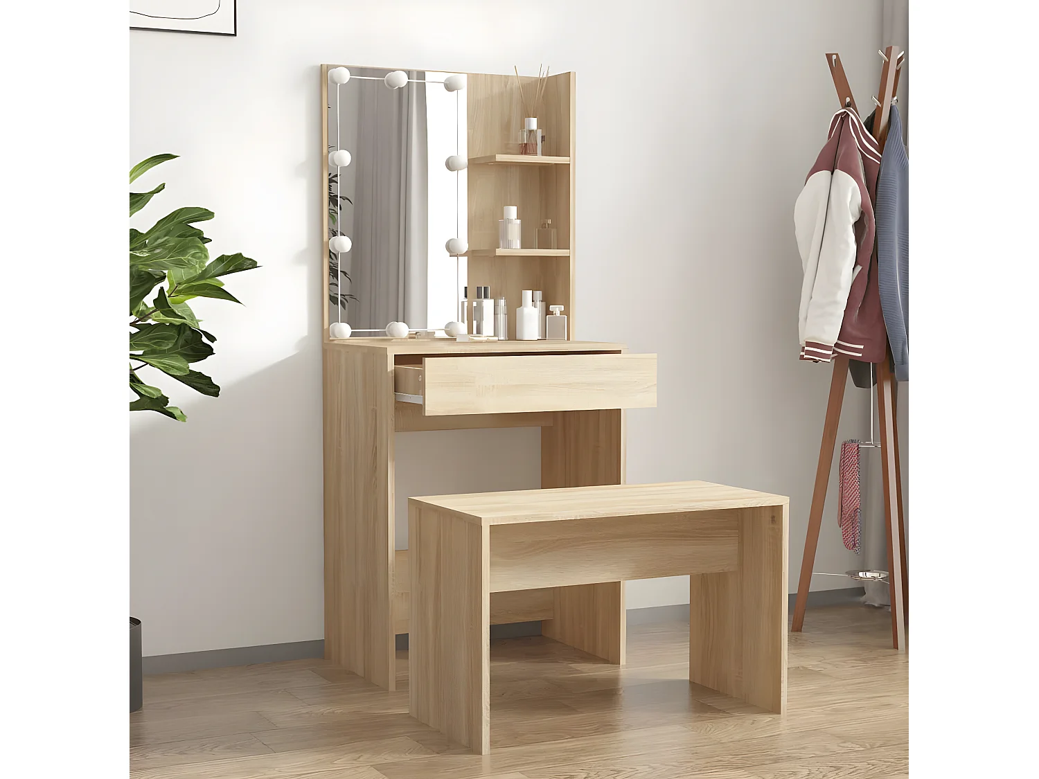 Ensemble de coiffeuse avec LED Chêne sonoma Bois d'ingénierie OFR41452 BonneVie Meuble