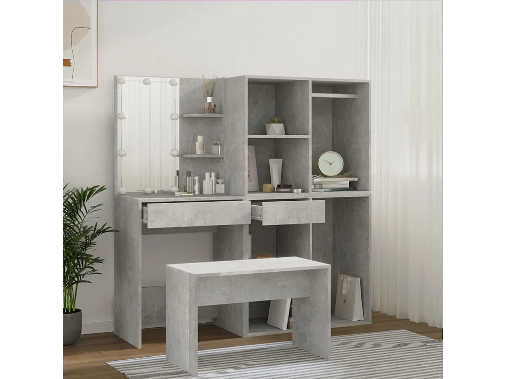 Ensemble de coiffeuse avec LED Gris béton Bois d'ingénierie OFR97320 BonneVie Meuble