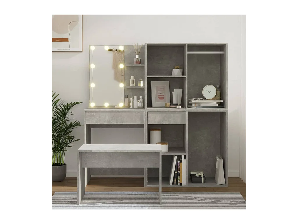 Ensemble de coiffeuse avec LED Gris béton Bois d'ingénierie OFR97320 BonneVie Meuble