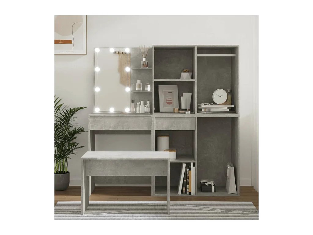 Ensemble de coiffeuse avec LED Gris béton Bois d'ingénierie OFR97320 BonneVie Meuble
