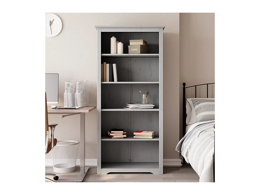 Bibliothèque BODO gris 80x38x180 cm bois pin massif 5 niveaux OFR56467 BonneVie Meuble