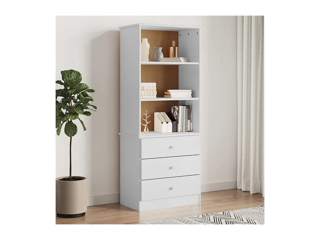Bibliothèque et tiroirs ALTA blanc 60x35x142 cm bois massif pin OFR15244 BonneVie Meuble