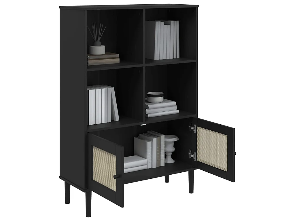 Bibliothèque SENJA aspect de rotin noir bois massif de pin OFR38208 BonneVie Meuble