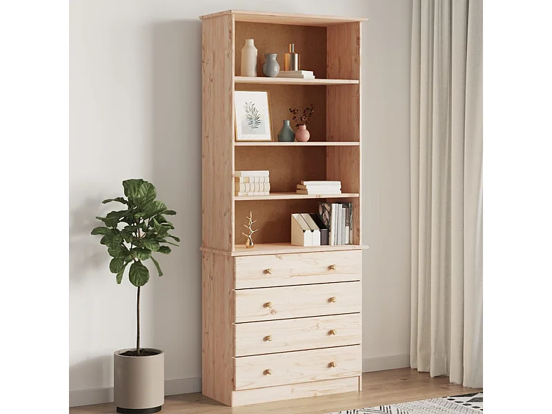 Bibliothèque avec tiroirs ALTA 77x35x186,5cm bois massif de pin OFR33984 BonneVie Meuble