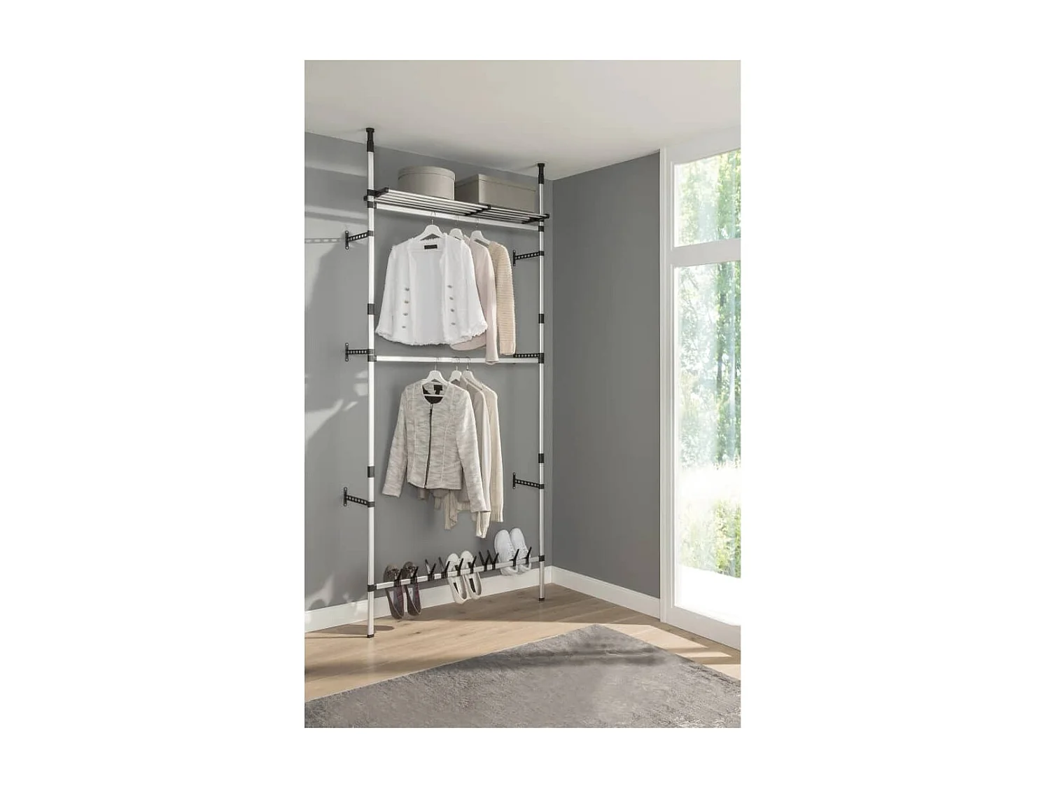Système de garde-robe télescopique barres et étagère Aluminium OFR25326 BonneVie Meuble
