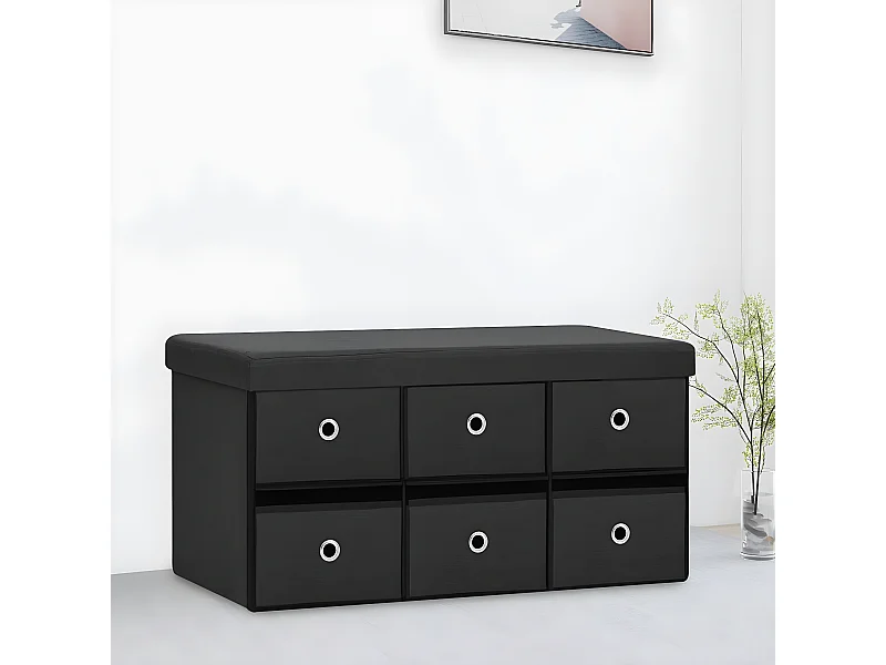 Banco de almacenaje plegable lino sintético negro 76x38x38 cm ES43077