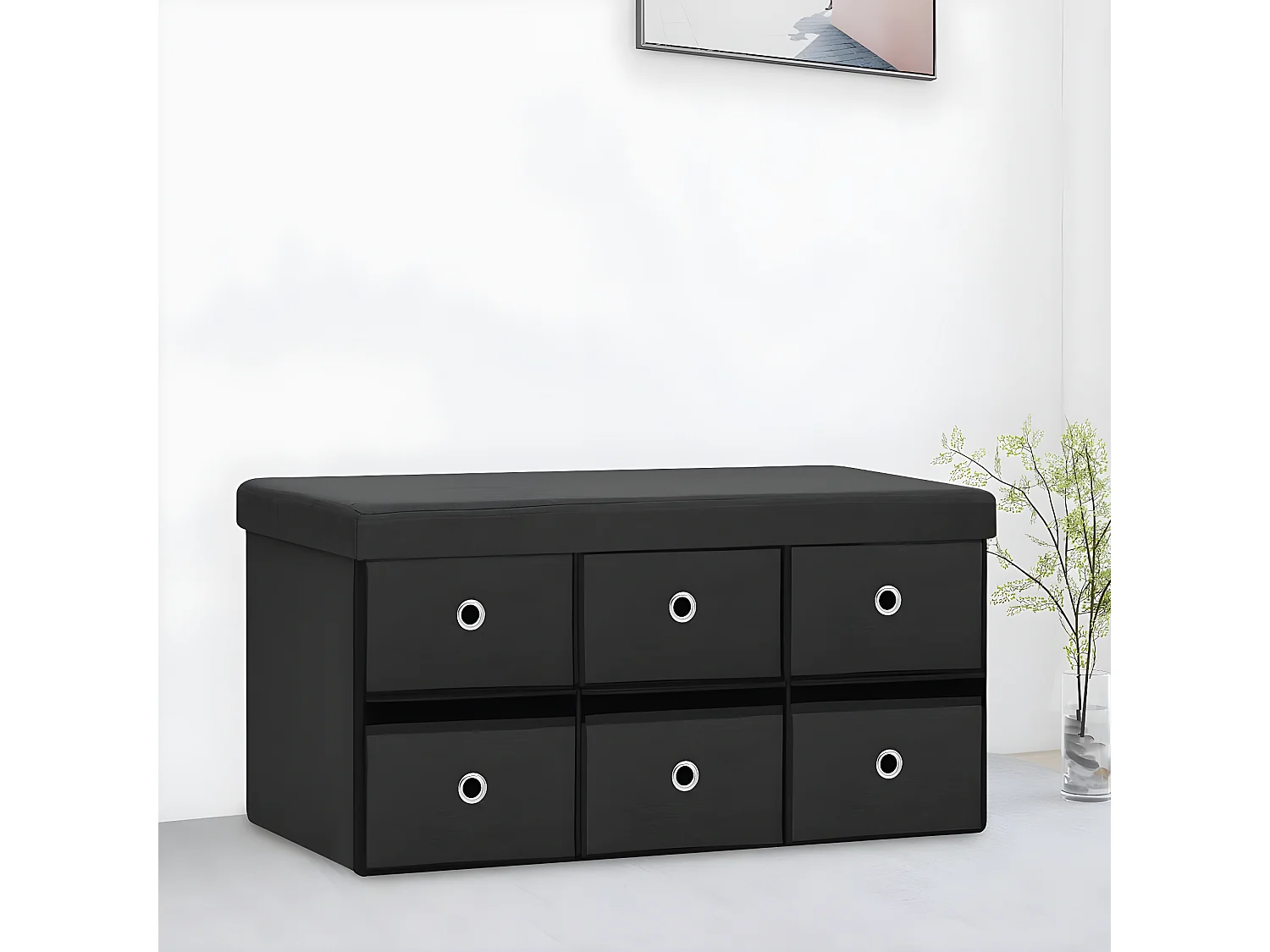 Banco de arrumação dobrável 76x38x38 cm linho falso preto PT203006