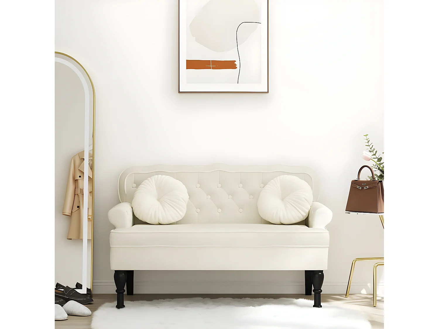 Banc avec dossier crème 119,5x64,5x75 cm velours -ASAF14566