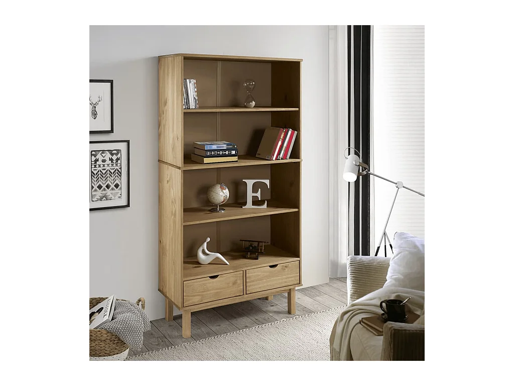 Bibliothèque OTTA avec 2 tiroirs Marron Bois massif pin OFR98757 BonneVie Meuble