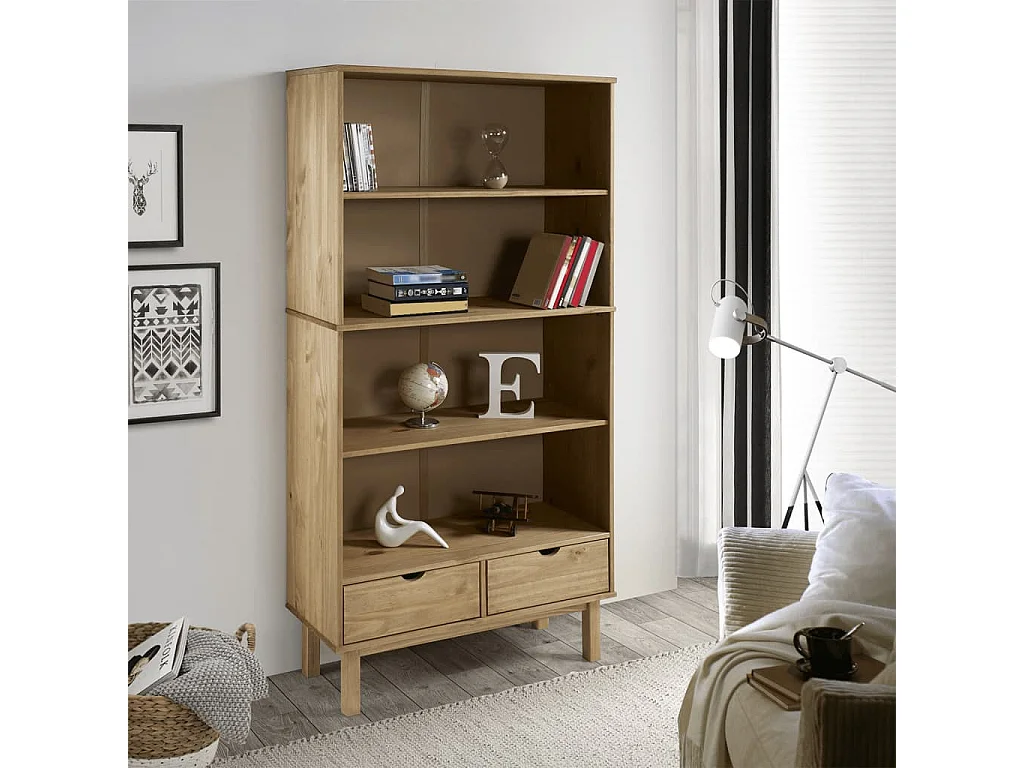 Bibliothèque OTTA avec 2 tiroirs Marron Bois massif pin OFR98757 BonneVie Meuble