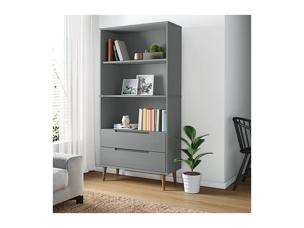 Bibliothèque MOLDE Gris 85x35x170,5 cm Bois massif de pin OFR15768 BonneVie Meuble