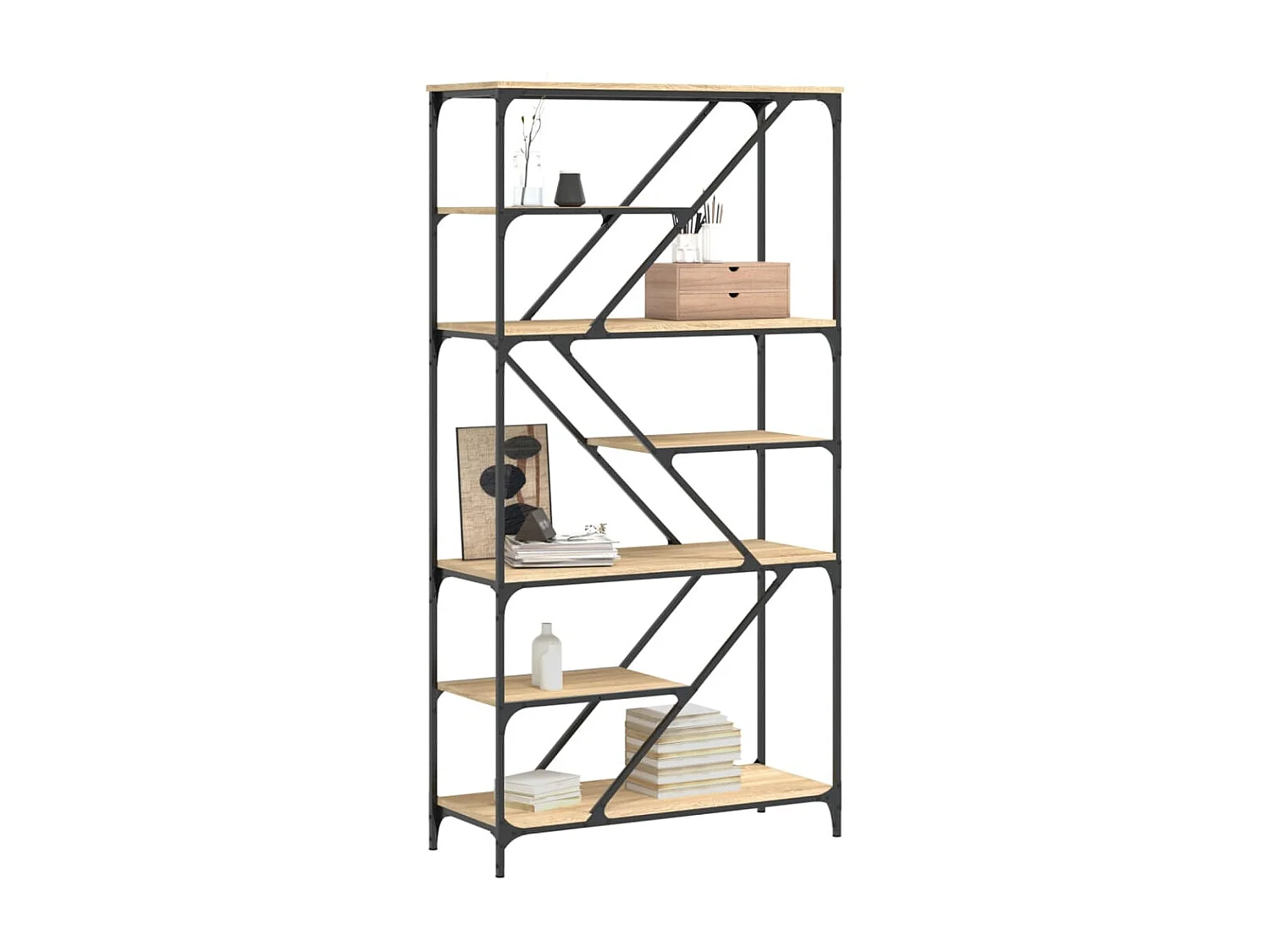 Bibliothèque chêne sonoma 91x36x176 cm bois ingénierie et acier OFR22198 BonneVie Meuble