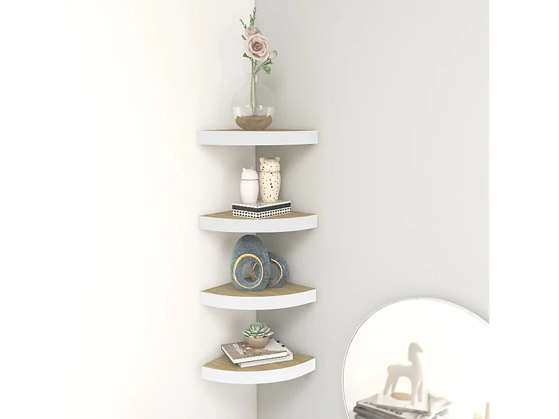 Estante esquina de pared 4 uds MDF roble y blanco 25x25x3,8 cm ES65947