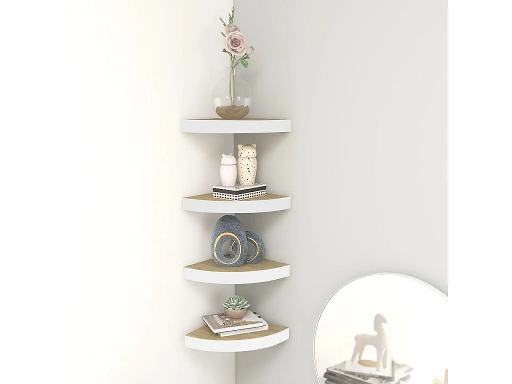 Estante esquina de pared 4 uds MDF roble y blanco 25x25x3,8 cm ES65947
