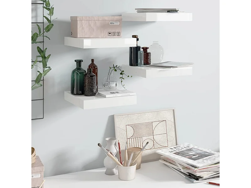 Estante de pared de pared 4 uds MDF blanco brillo 23x23,5x3,8cm ES46415