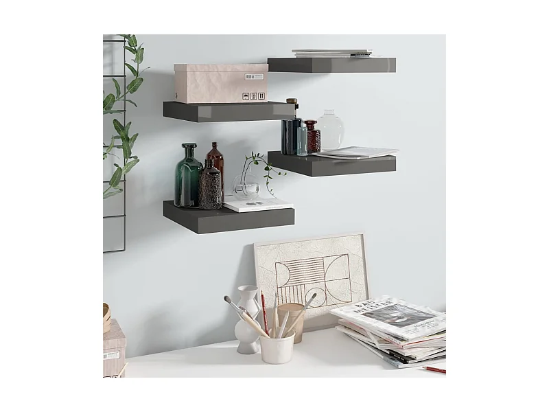 Étagère murale murale 4 pcs Gris brillant 23x23,5x3,8 cm MDF OFR96274 BonneVie Meuble