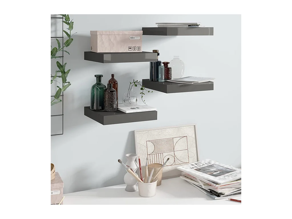 Étagère murale murale 4 pcs Gris brillant 23x23,5x3,8 cm MDF OFR96274 BonneVie Meuble