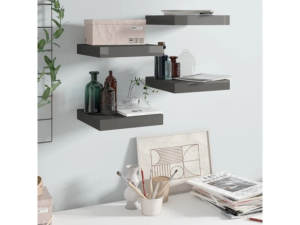 Étagère murale murale 4 pcs Gris brillant 23x23,5x3,8 cm MDF OFR96274 BonneVie Meuble