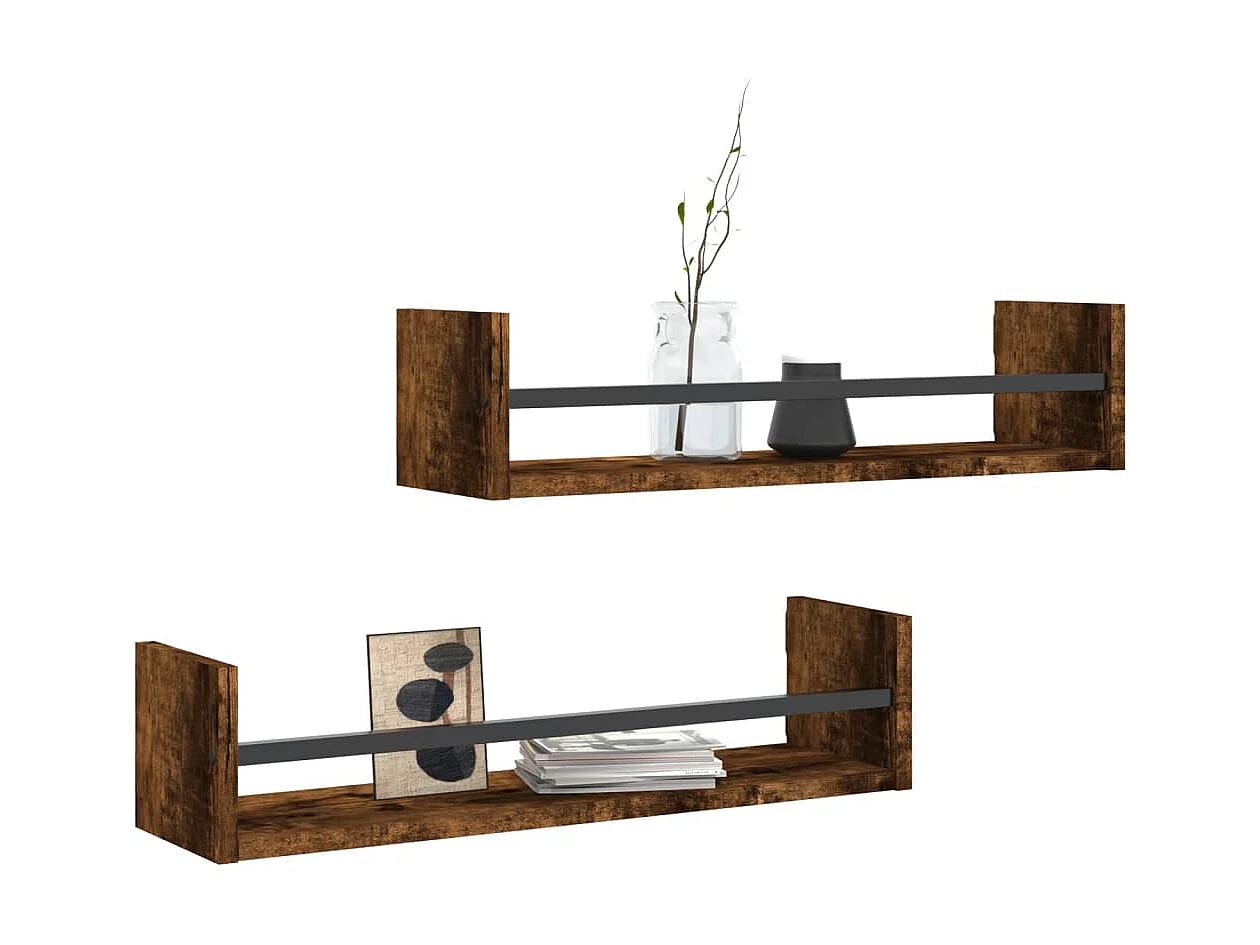 Wandschappen met stangen 2 st 60x16x14 cm gerookt eikenkleurig NL779533