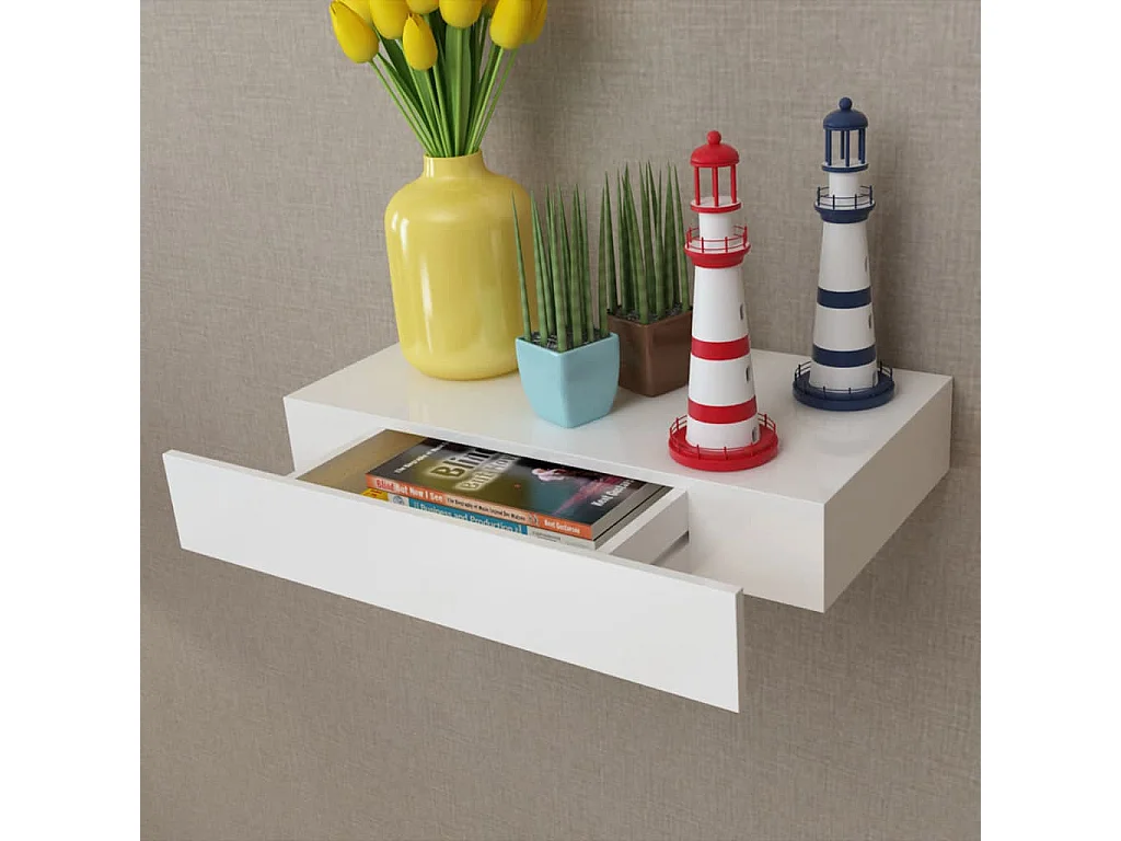 Étagère murale avec 1 tiroir MDF Blanc Rangement de livres/DVD OFR42609 BonneVie Meuble
