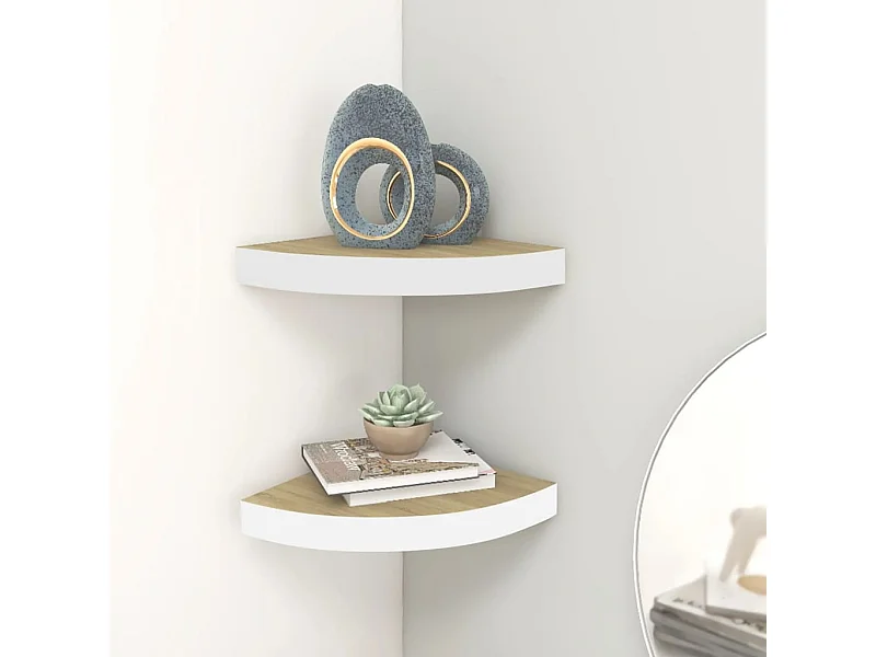 Étagères d'angle murales 2 pcs Chêne et blanc 35x35x3,8 cm MDF OFR62414 BonneVie Meuble