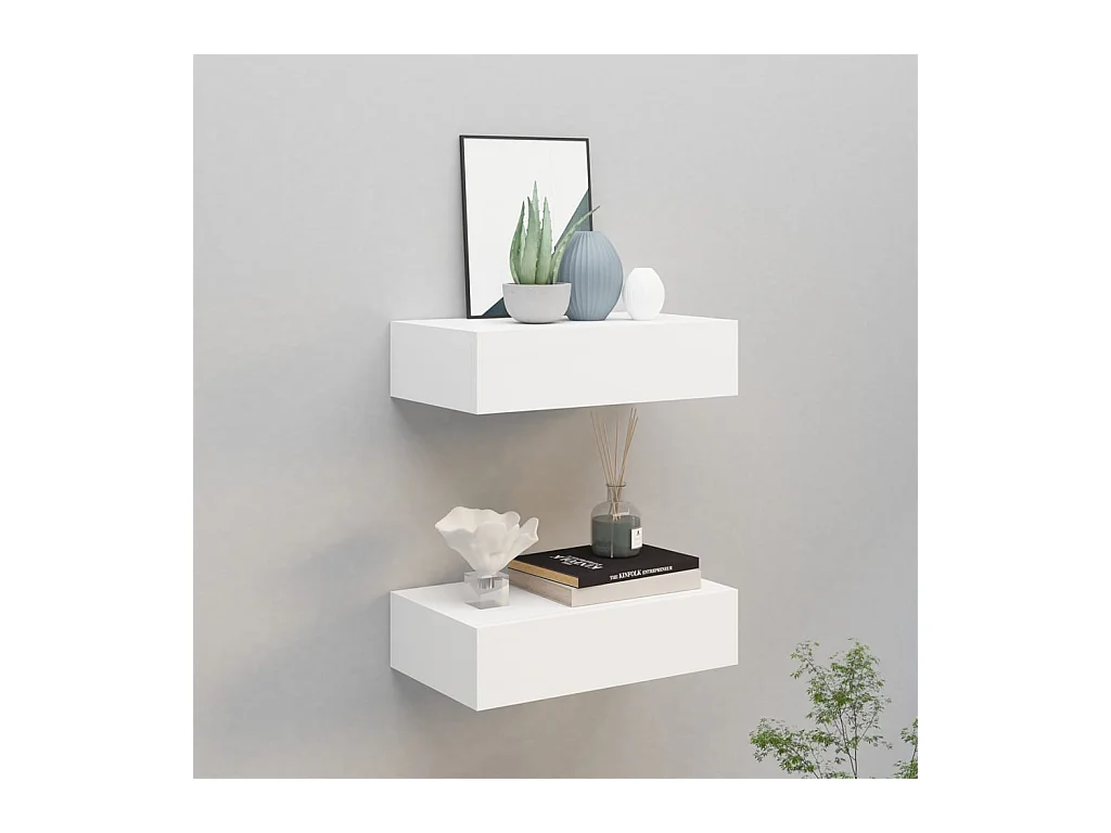 Étagères à tiroirs murales 2 pcs Blanc 40x23,5x10 cm MDF OFR35555 BonneVie Meuble