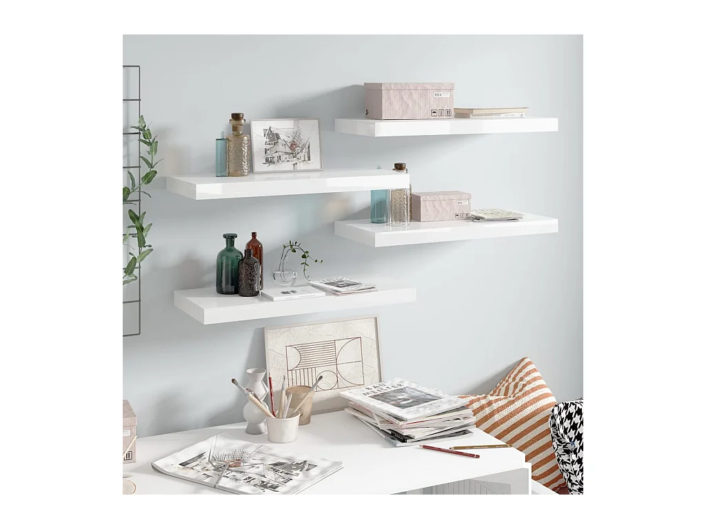 Étagère murale murale 4 pcs Blanc brillant 60x23,5x3,8cm MDF OFR53314 BonneVie Meuble