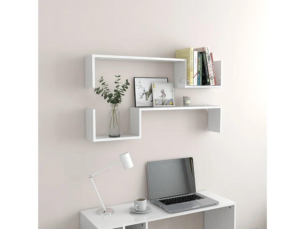 Étagères murales 2 pcs Blanc brillant 100x15x20 cm Aggloméré OFR90832 BonneVie Meuble