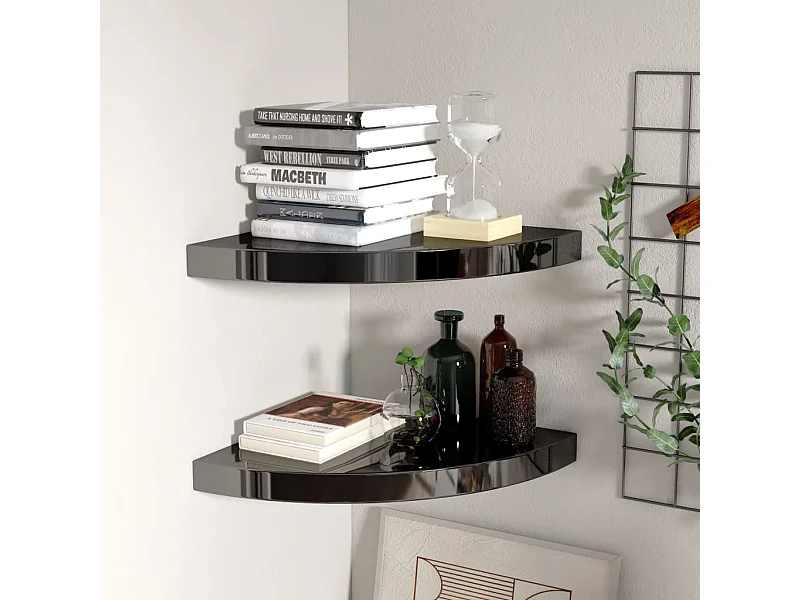 Étagères d'angle murales 2pcs noir brillant 35x35x3,8 cm MDF OFR92607 BonneVie Meuble