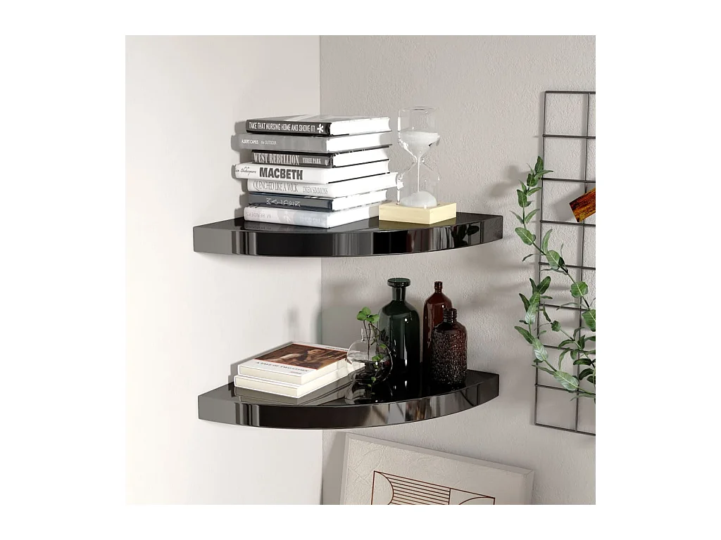 Étagères d'angle murales 2pcs noir brillant 35x35x3,8 cm MDF OFR92607 BonneVie Meuble