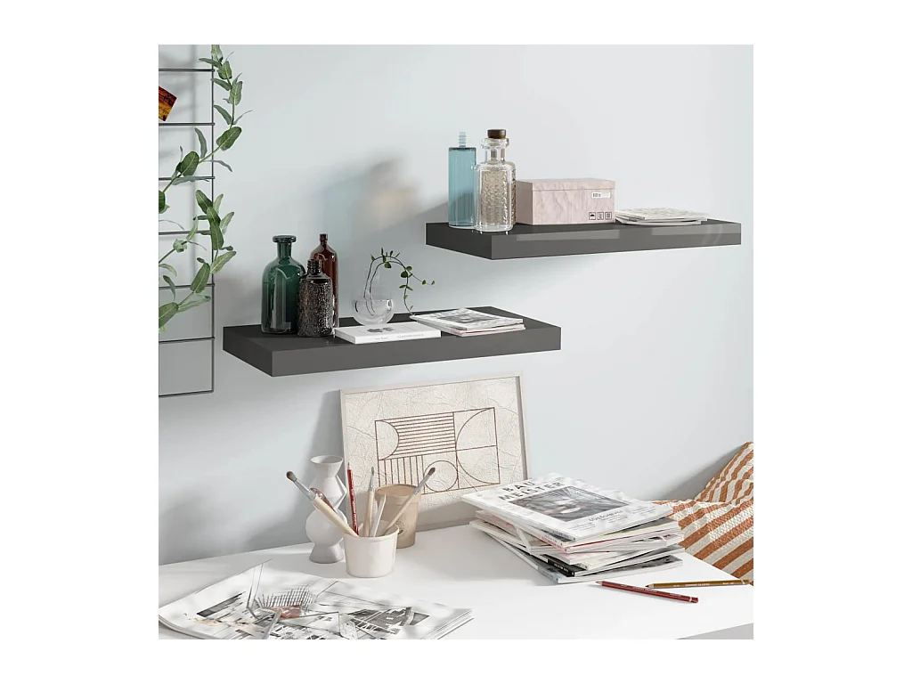 Étagère murale murale 2 pcs Gris brillant 50x23x3,8 cm MDF OFR64929 BonneVie Meuble