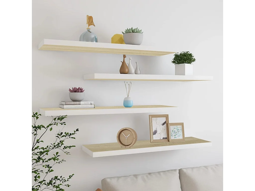Étagères murales 4 pcs chêne et blanc 120x23,5x3,8 cm MDF OFR40065 BonneVie Meuble