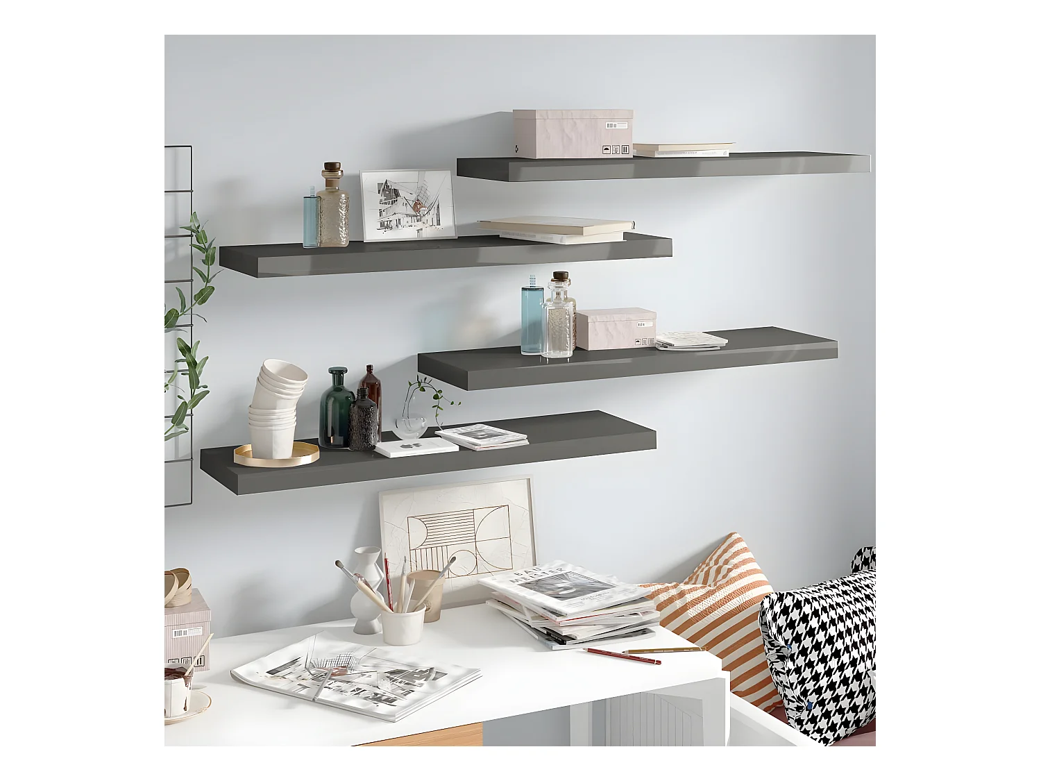 Étagère murale murale 4 pcs Gris brillant 90x23,5x3,8 cm MDF OFR49665 BonneVie Meuble