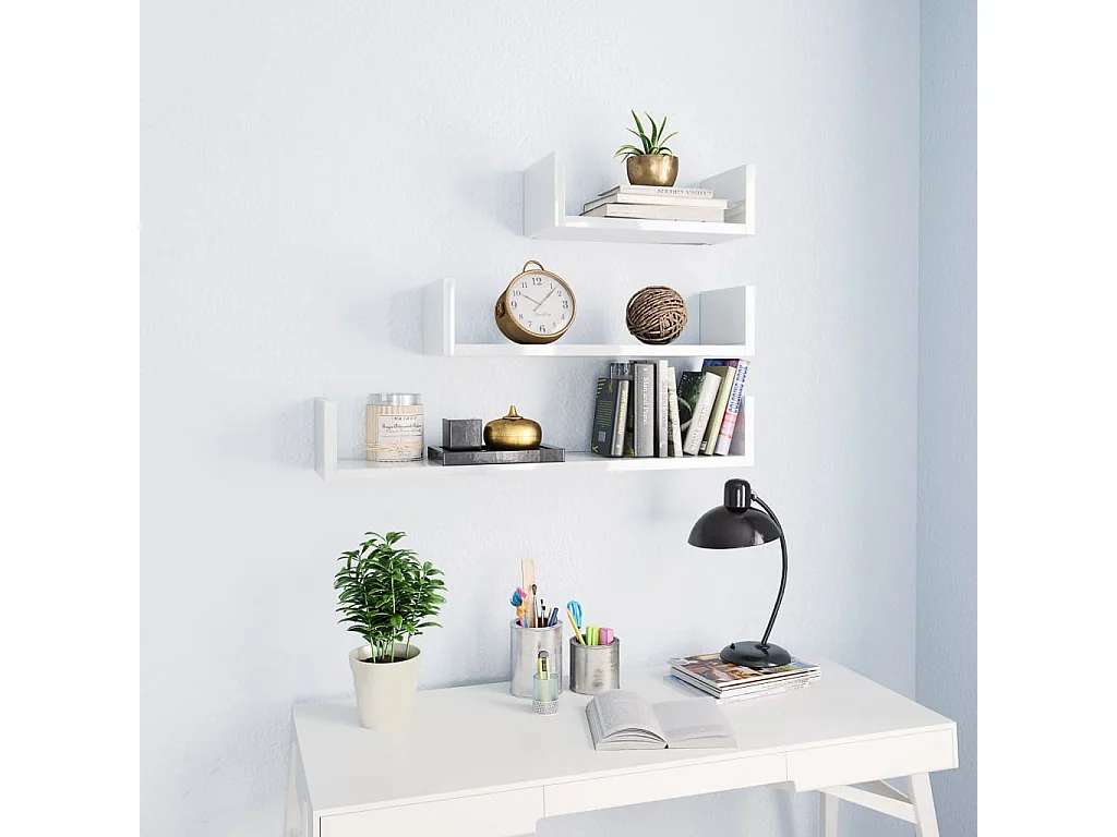 Estantes de pared 3 pzas madera contrachapada blanco brillante ES99303