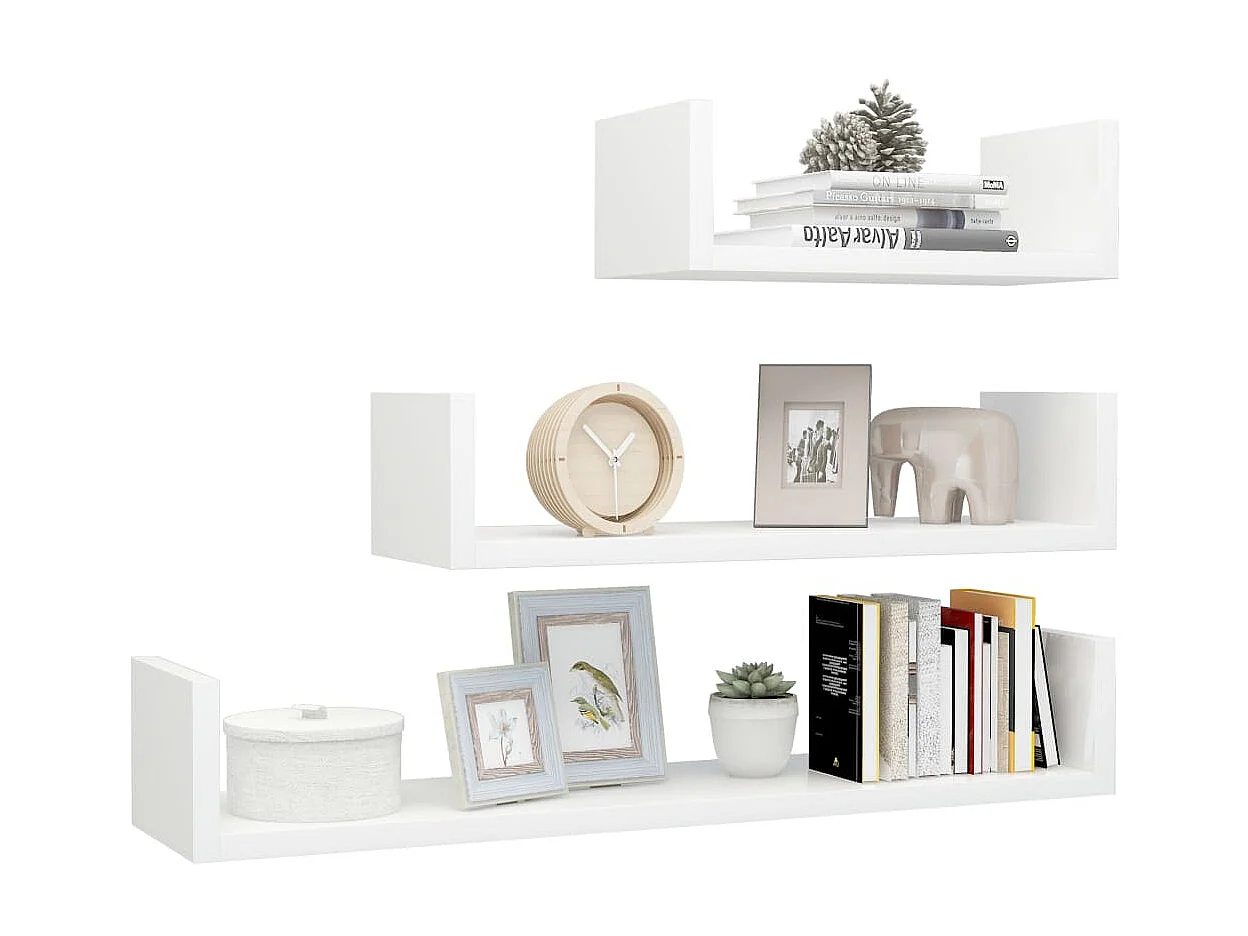 Estantes de pared 3 pzas madera contrachapada blanco brillante ES99303