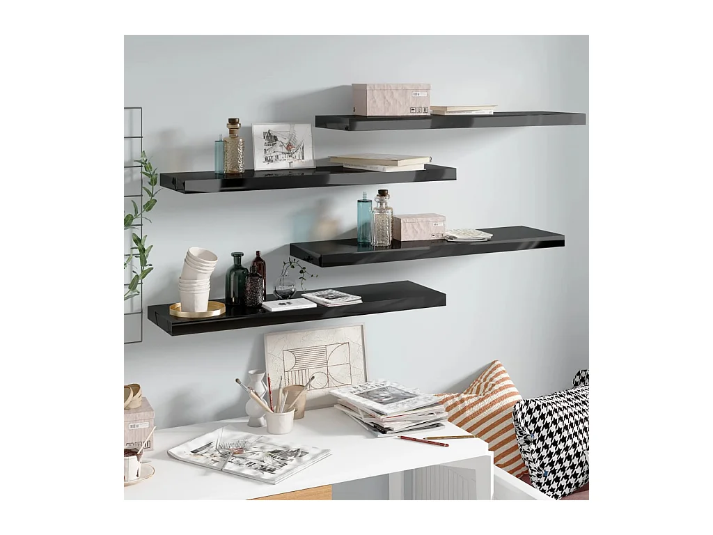 Étagère murale murale 4 pcs Noir brillant 90x23,5x3,8 cm MDF OFR79892 BonneVie Meuble
