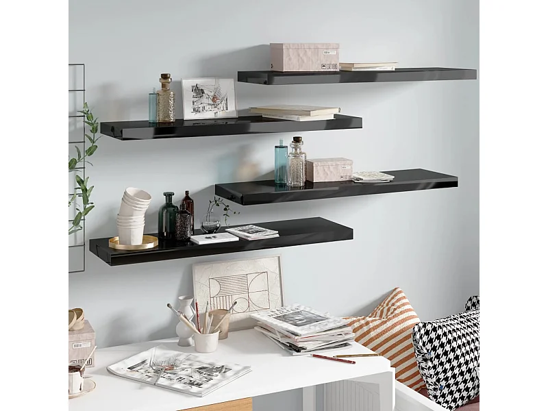 Étagère murale murale 4 pcs Noir brillant 90x23,5x3,8 cm MDF OFR79892 BonneVie Meuble